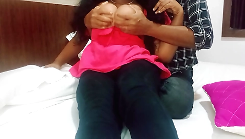 Indian brunette is rubbing his dick and getting wet