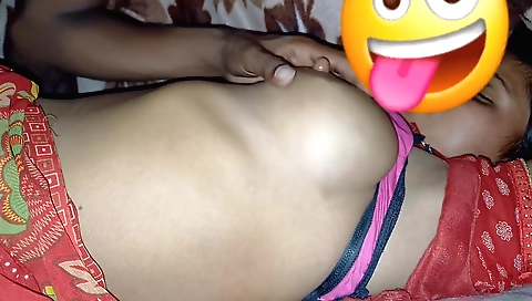Hindi girl in red dress receives a handjob and blowjob