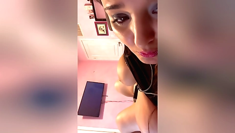 Petite brunette takes a dildo and squirts her pussy