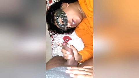 Brunette girl gives a blowjob to her boyfriend before they start