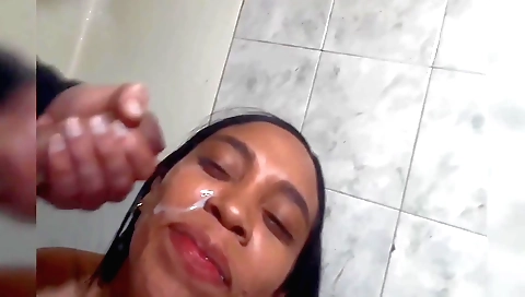 Indian babe gets a facial from a guy that has her over his chest