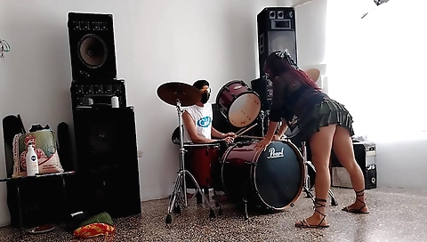 Sexy babe rides and strums the drums in my homemade scene
