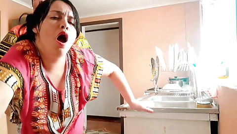 Indian hottie gets fucked in the kitchen by stepson