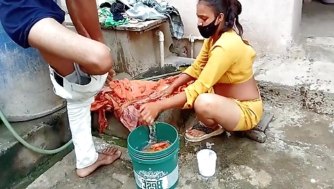 Indian stepsis with big ass washed clothes and made love outdoors