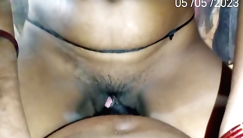 Indian brunette with hairy pussy rides her lover's cum
