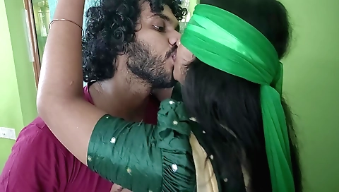 Brunette with a saree and a tight pussy sucking the blindfolded
